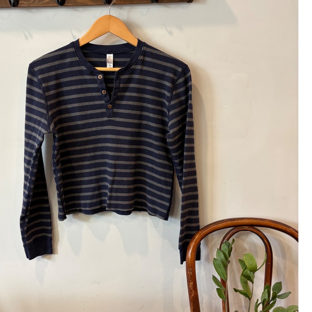 American Apparel Navy Blue & Grey Striped Waffle Knit Cropped Henley